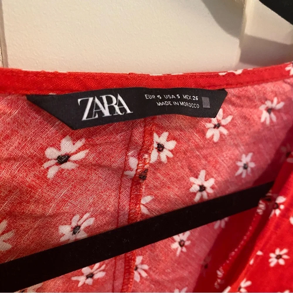 ZARA Red Floral Flowy Crop Top Shirt Tie Front Summer Beach Flirty Size Small - Picture 4 of 7